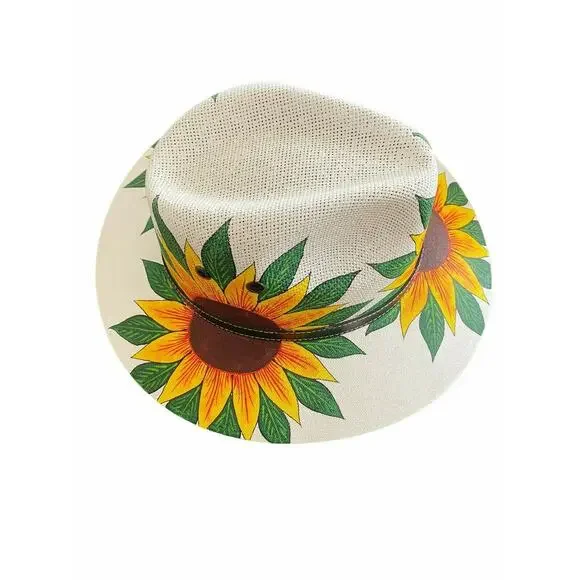 MEXICAN Artisanal Hat Handpainted Fedora Floral Sunflower Sombrero Panama Boho M - Picture 4 of 9